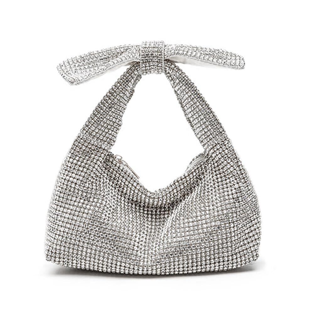 9802 Rhinestone Bow Purse Sparkly Evening Bag Silver Clutch Purses Glitter